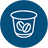 A simple white line icon of a small cup with two coffee beans inside, centered on a dark blue circular background representing the product can use coffee pods.