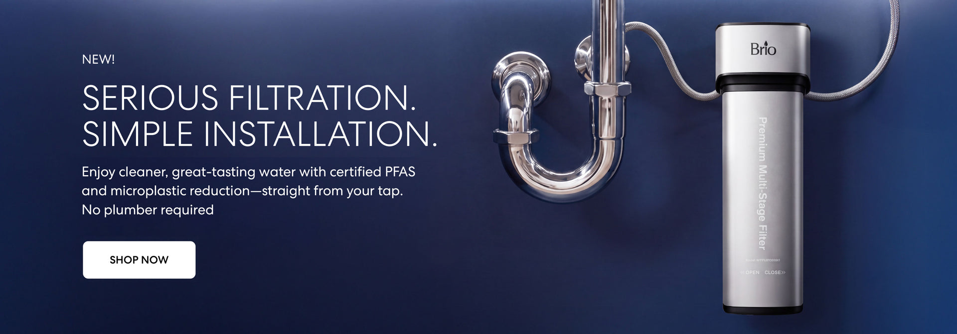 Brio premium undersink filtration system with PFAS removal shown installed to a sink on a dark blue background.