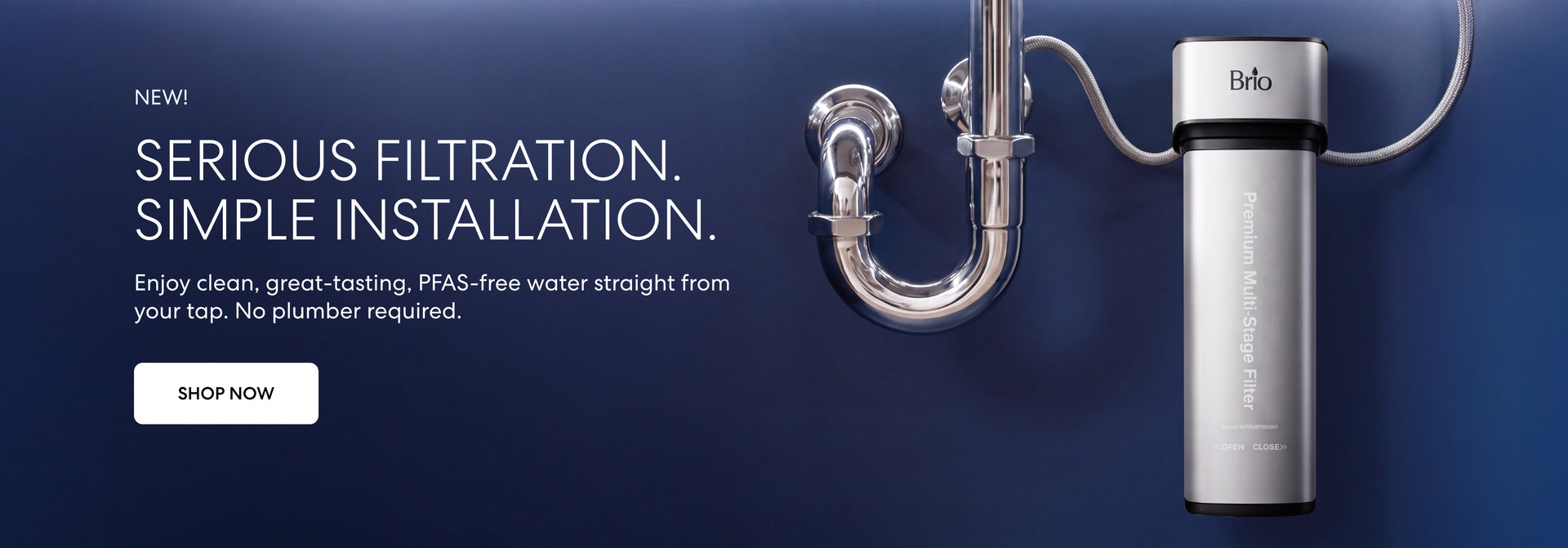 Brio premium undersink filtration system with PFAS removal shown installed to a sink on a dark blue background.