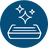 A circular blue icon with white line art showing a flat rectangular item and three sparkles, indicating the product is easy to clean.
