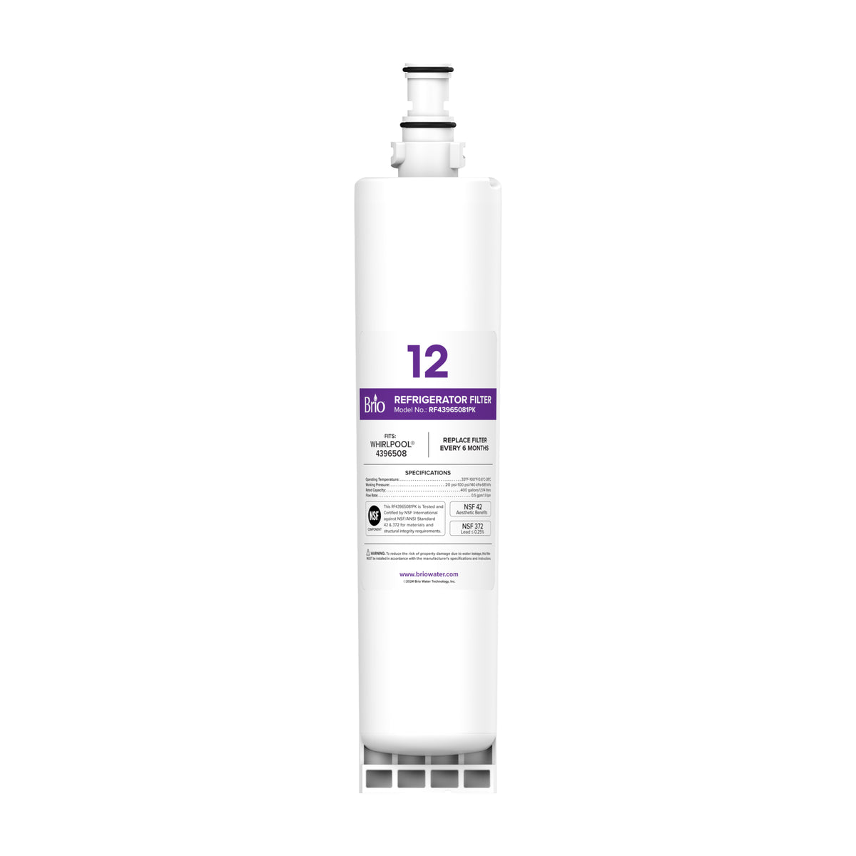 A white cylindrical 43965081 Refrigerator Filter for Whirlpool® 4396508 and KitchenAid® 4396547 stands upright on a white background, featuring black text, a purple band labeled 12, a nozzle at the top, and a coconut shell carbon block.