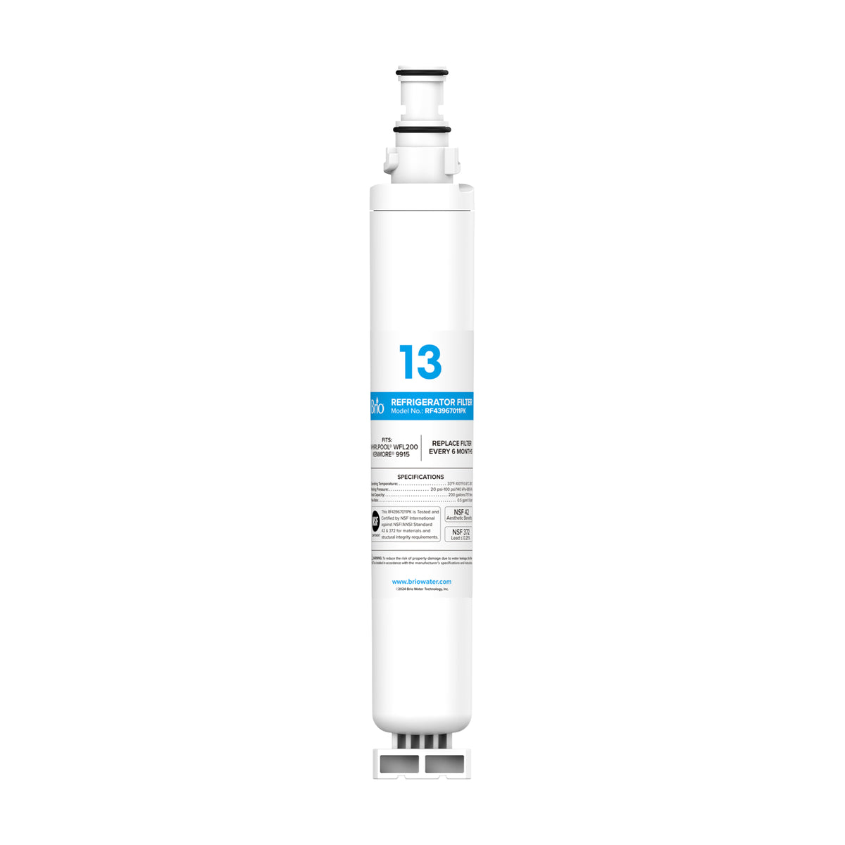 The 4396701 Refrigerator Filter – Whirlpool® WFL200 Kenmore® 9915 is a white filter cartridge with a blue and white label and black text, featuring a coconut shell carbon block, shown upright on a plain white background.