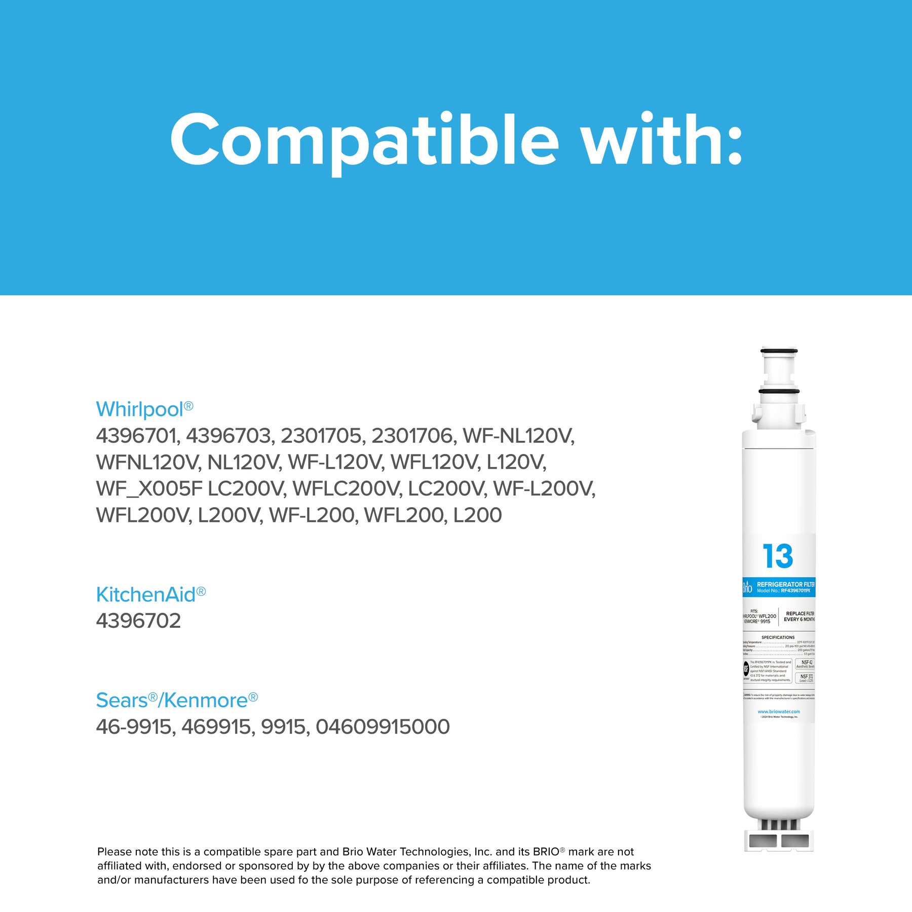 Brio 4396701 Refrigerator Filter – Whirlpool® WFL200 Kenmore® 9915