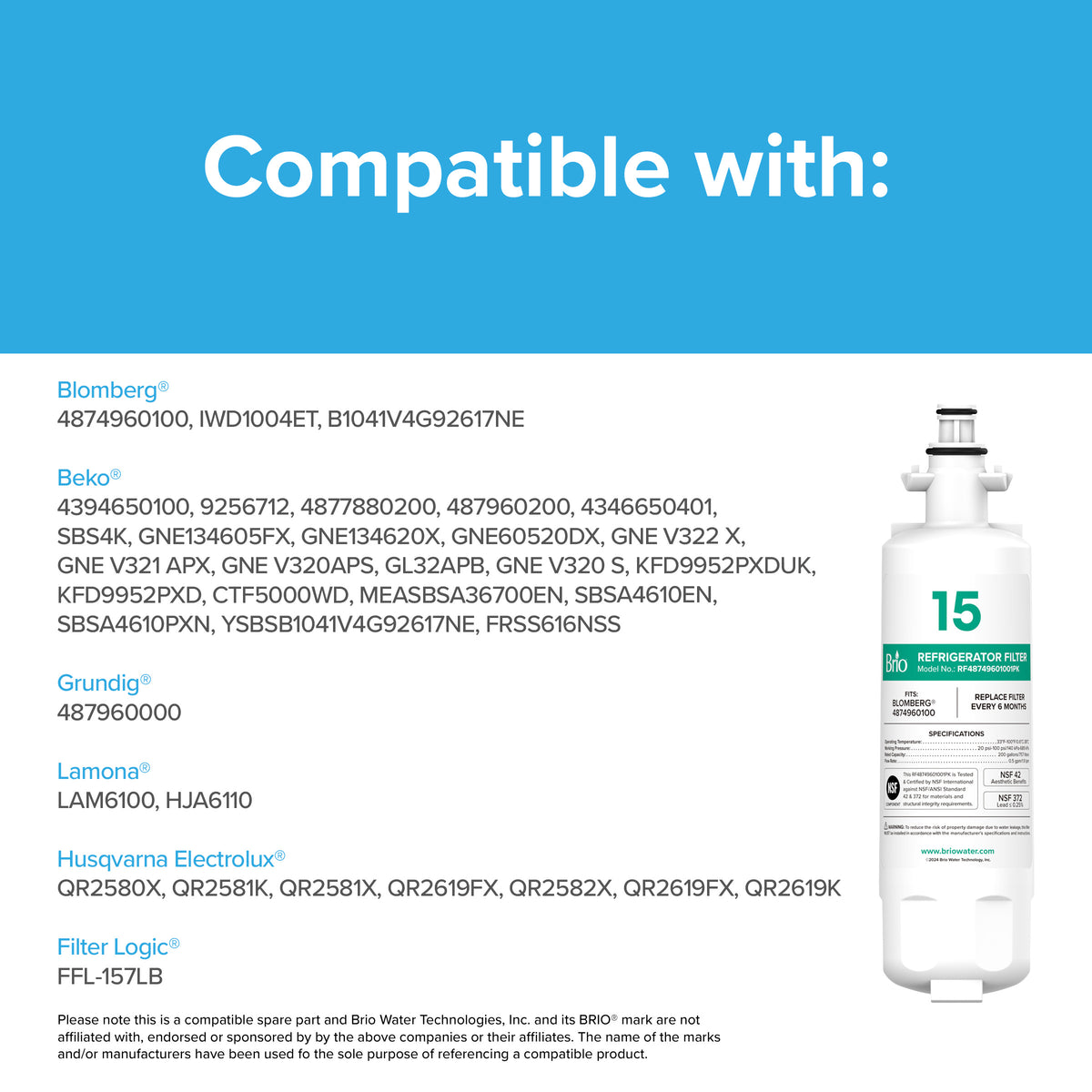 Image shows a Refrigerator Filter – Blomberg® 4874960100, Grundig® 487960000 (1 Pack), labeled 15, with a list of compatible brands and models—Blomberg, Beko, Grundig, Lamona, Husqvarna Electrolux, Filter Logic—on a blue background.