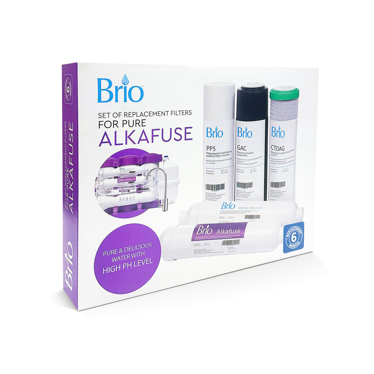 PURE Aquafuse Replacement Filter Kit for URO6PURALK includes six cartridge types—sediment and mineralizing filters—with a filtration diagram and info highlighting high pH water benefits and improved taste.