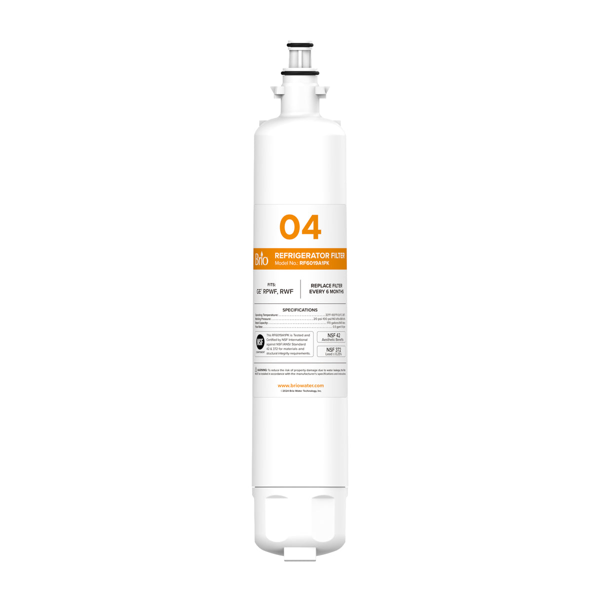 A white cylindrical 6019A Refrigerator Filter (GE RPWF, RWF1063, RWF3600A, WSG-4, DWF-36, R-3600, MPF15350), NSF-certified with orange and black text and a barcode labeled “04,” stands upright on a white background.