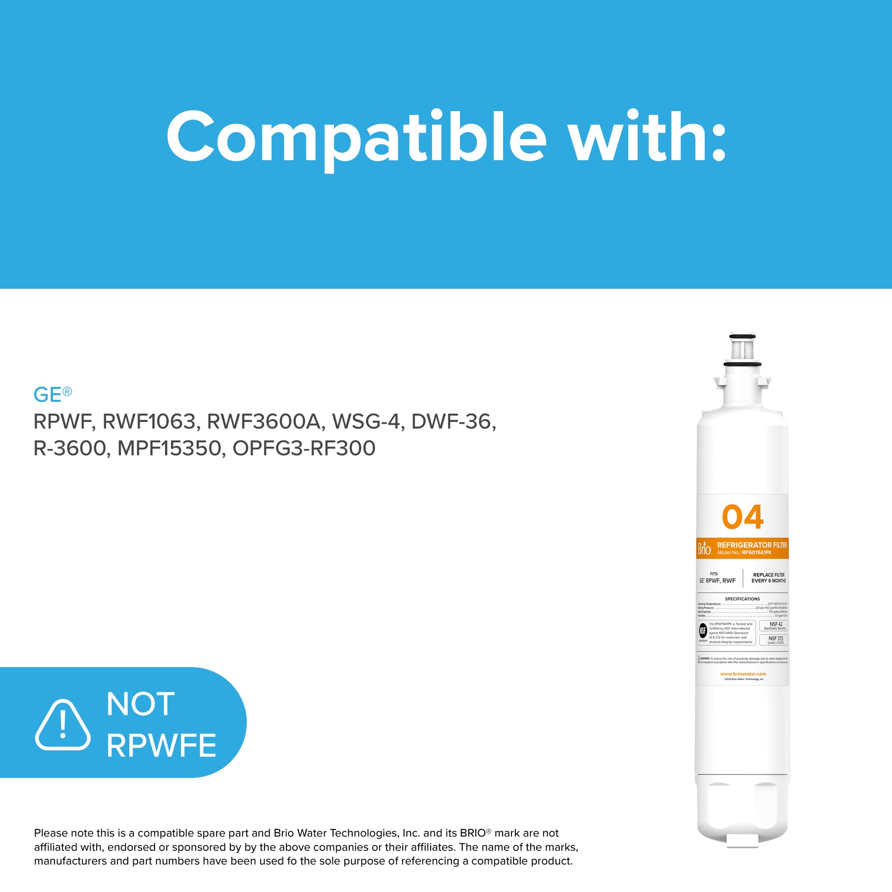 Brio 6019A Refrigerator Filter – GE RPWF, RWF1063, RWF3600A, WSG-4, DWF-36, R-3600, MPF15350