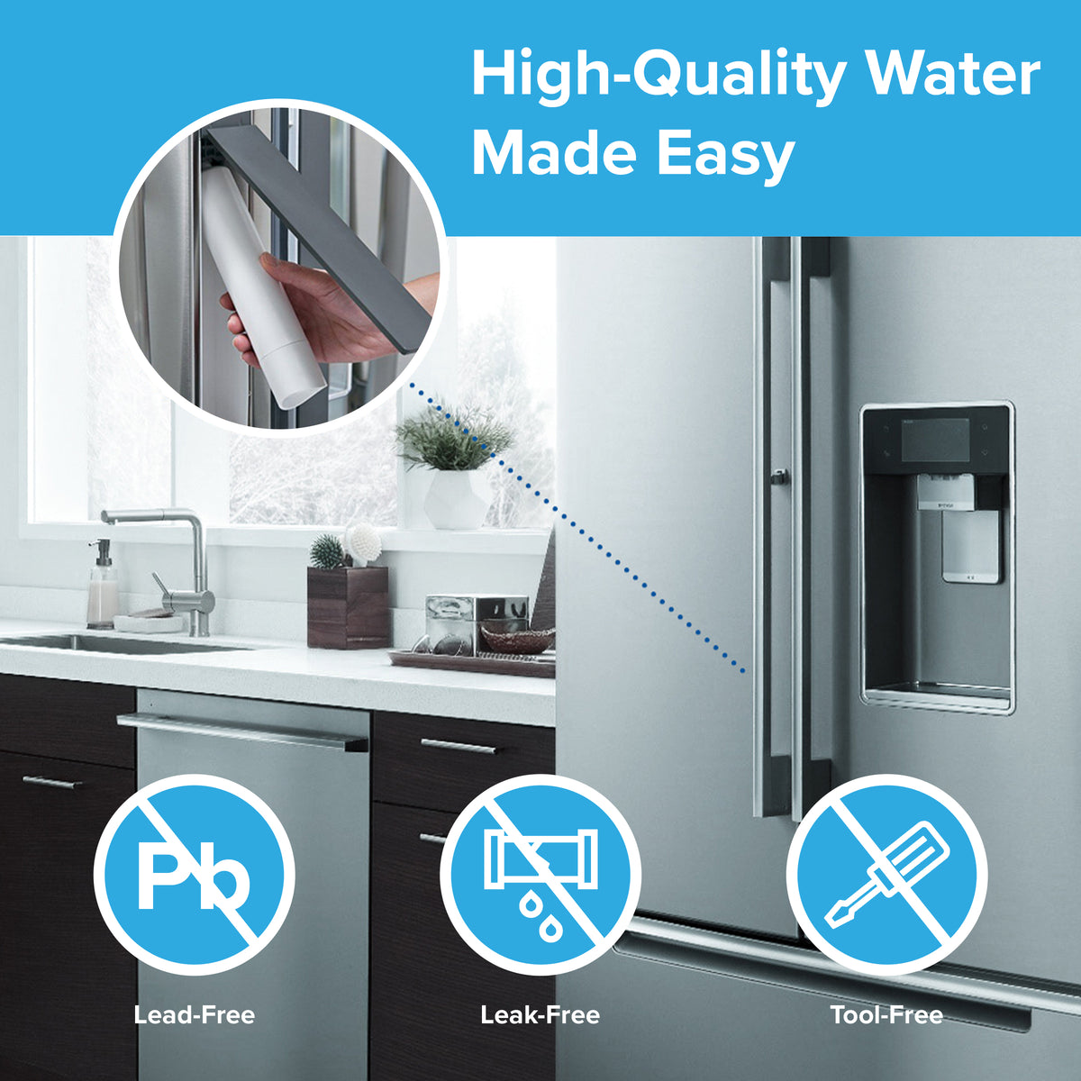 A person swaps a 6019A Refrigerator Filter (GE RPWF compatible) in a modern stainless steel fridge. Text: High-Quality Water Made Easy. Icons show the NSF-certified filter is lead-free, leak-free, and tool-free.