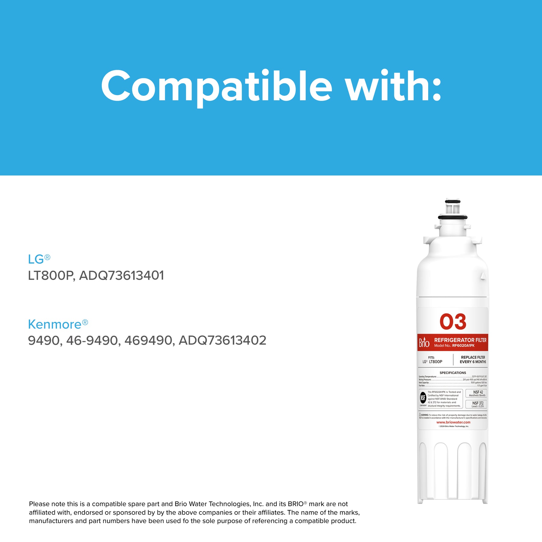 Brio 6020A Refrigerator Filter – LG LT800P, ADQ73613401, Kenmore 9490, 46-9490, ADQ73613402