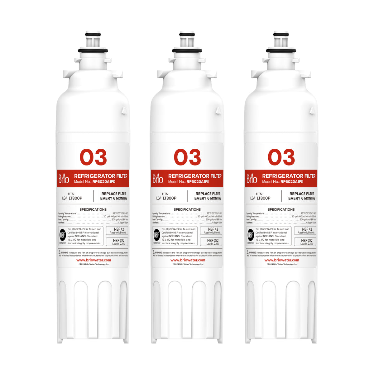 Three identical 602OA Refrigerator Filters (3-Pack)—compatible with LG LT800P, ADQ73613401, Kenmore 9490, 46-9490, and 469490—stand upright in a row, each featuring a white body with red labeling and printed product information.
