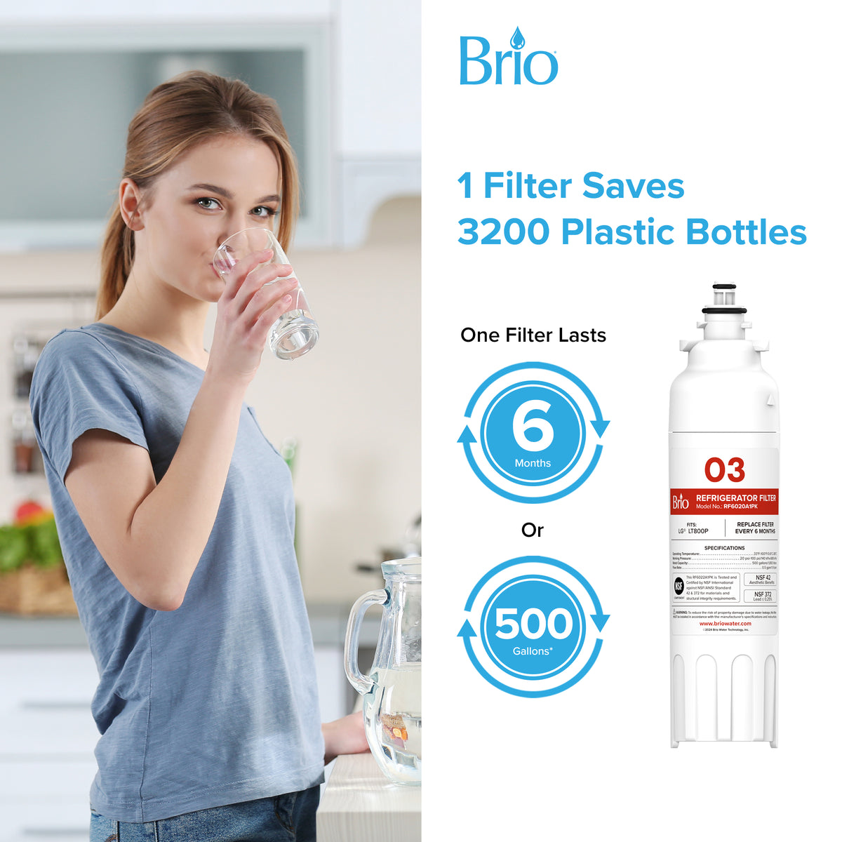 A woman drinks water in her kitchen. Text: Brio 602OA Refrigerator Filter (NSF certified) saves 3200 bottles. One coconut shell carbon filter lasts 6 months or 500 gallons. Image shows the Brio LG LT800P/Kenmore-compatible filter (3-pack).