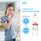 A woman drinks water in her kitchen. Text: Brio 602OA Refrigerator Filter (NSF certified) saves 3200 bottles. One coconut shell carbon filter lasts 6 months or 500 gallons. Image shows the Brio LG LT800P/Kenmore-compatible filter (3-pack).