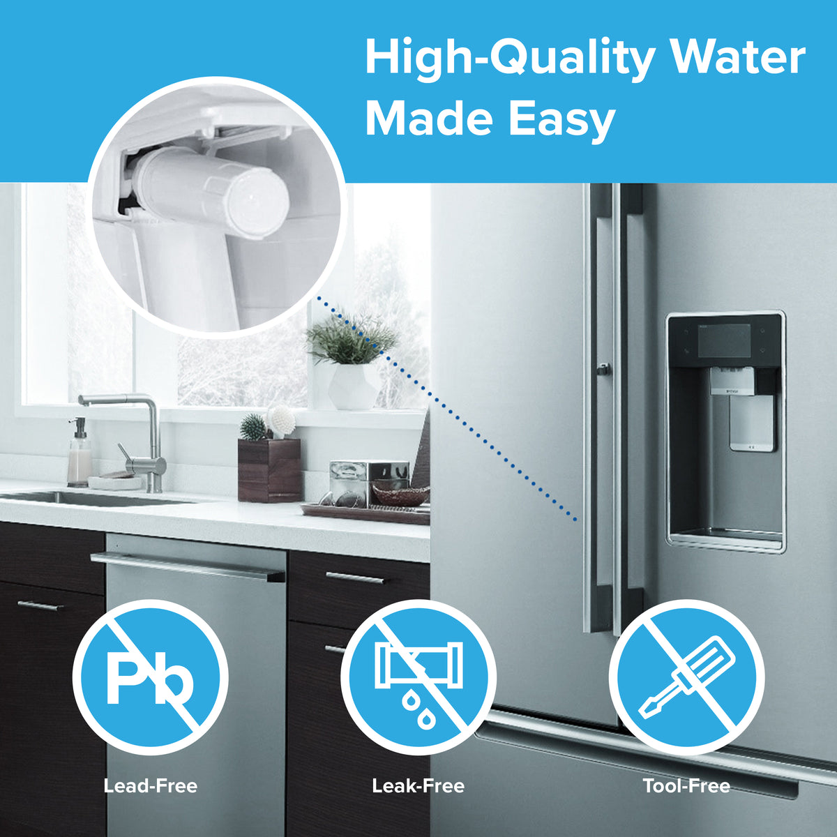 A modern kitchen with a stainless steel fridge using 602OA Refrigerator Filters (3-Pack) for LG LT800P & Kenmore models. Inset shows easy, tool-free, leak-free installation. NSF certified and lead-free. Text: High-Quality Water Made Easy.