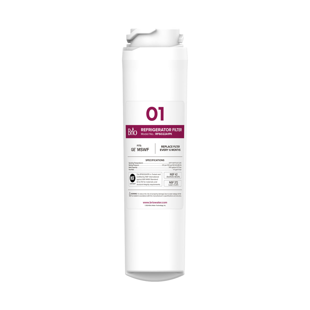 The 6022A Refrigerator Filter—compatible with GE MSWF, 101820A, 101821B, and RWF1500A—is shown upright. NSF-certified, it uses a coconut shell carbon block to deliver cleaner, fresher water and comes with replacement instructions.