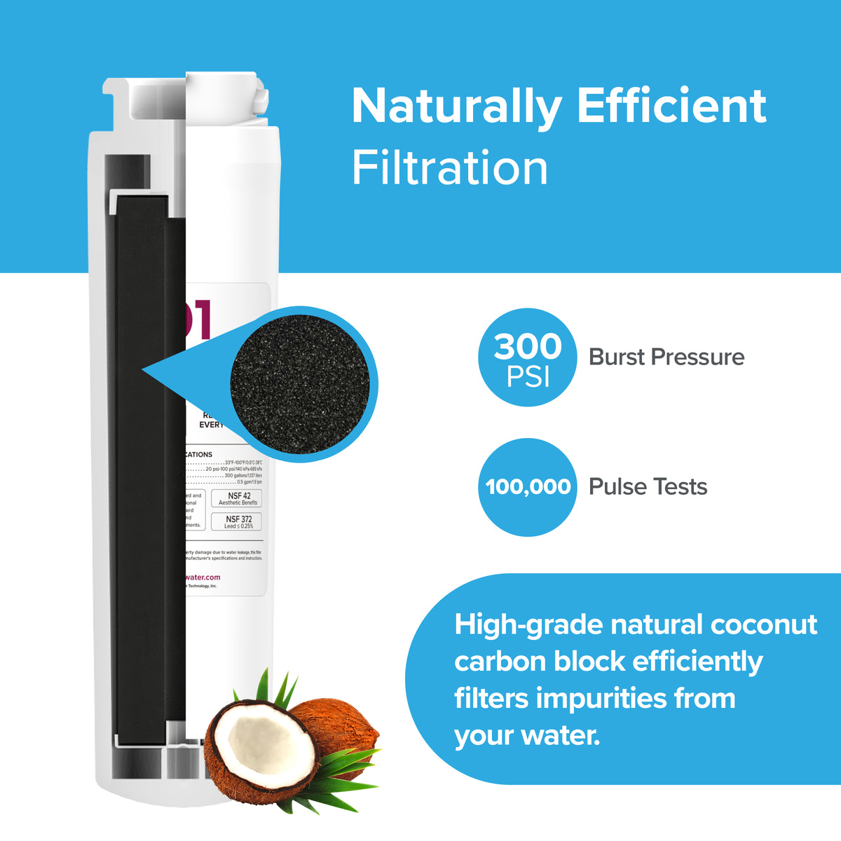 A cutaway of the 6022A Refrigerator Filter (GE MSWF, 101820A, 101821B, RWF1500A) shows its NSF-certified coconut shell carbon block, rated for 300 PSI burst pressure and 100,000 pulse tests, with a coconut image on a blue background.