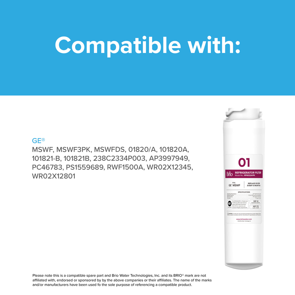 A white 6022A Refrigerator Filter compatible with GE MSWF, 101820A, 101821B, and RWF1500A stands upright on a white background. It features NSF-certified coconut shell carbon block filter technology.