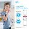 A woman drinks water in her kitchen beside an infographic for the Brio 6022A Refrigerator Filter—GE MSWF, 101820A, 101821B, RWF1500A—which uses an NSF-certified coconut shell carbon block, saves 3,200 bottles, lasts 6 months/300 gallons, plus a filter cartridge image.