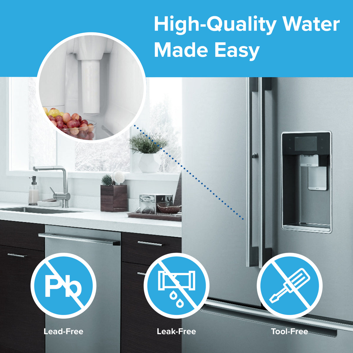 A modern kitchen features a stainless steel fridge with a water dispenser. Icons highlight the NSF-certified 6022A Refrigerator Filter (GE MSWF) as lead-free, leak-free, and tool-free. Inset shows its coconut shell carbon block filter inside.