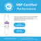 Image of the 6023A Refrigerator Filter (compatible with GE GSWF) featuring a coconut shell carbon block and NSF badges. Text highlights NSF 42 (taste) & NSF 372 (lead), with steps to check certification details.