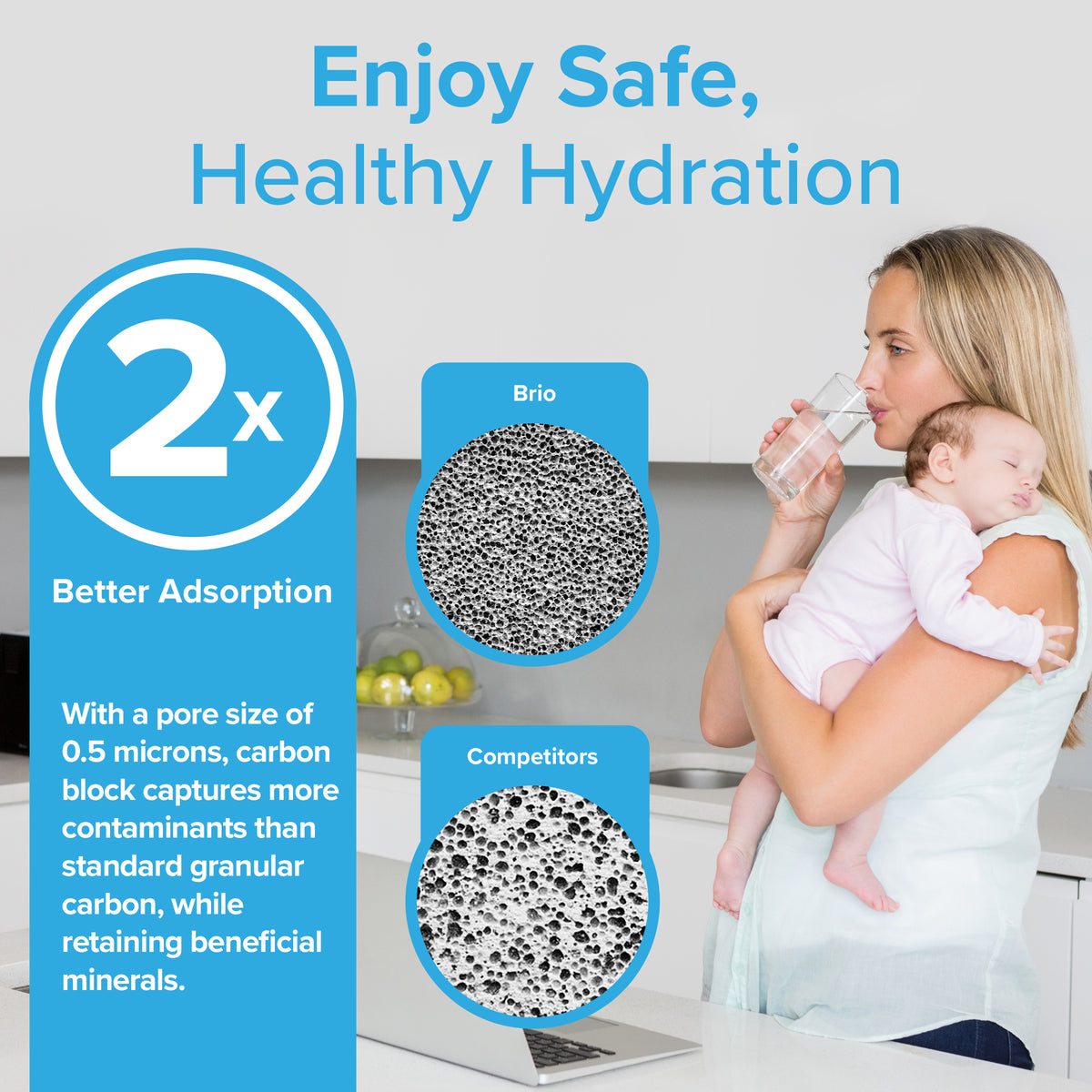 A woman holds a sleeping baby while drinking water. Text reads Enjoy Safe, Healthy Hydration. Circles highlight the 6023A Refrigerator Filter’s NSF-certified coconut shell carbon block tech for superior filtration vs competitors.