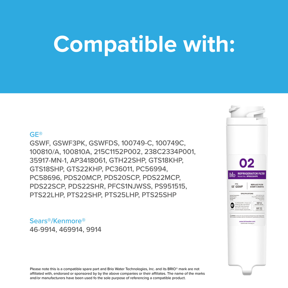 Image of the 6023A Refrigerator Filter for GE GSWF, GSWF3PK, GSWFDS, 100749-C, 100749C, 100810/A, and 100810A; features a coconut shell carbon block and "Compatible with:" in white text on blue background.