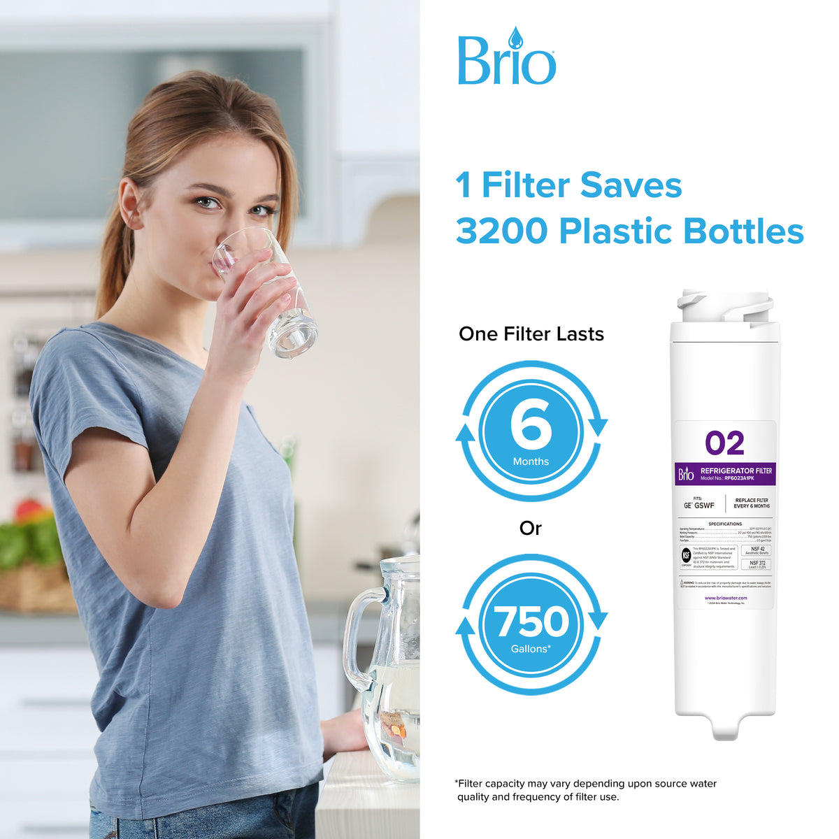 A woman drinks water in a kitchen. Text notes the NSF-certified 6023A Refrigerator Filter saves 3,200 bottles, lasts 6 months or 750 gallons, and uses a coconut shell carbon block for fresh taste. Fits GE GSWF and compatible models.
