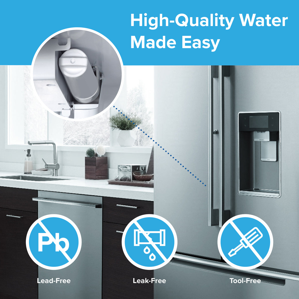 A modern kitchen with a stainless fridge using the 6023A Refrigerator Filter (compatible with GE GSWF, GSWF3PK, more). Icons show NSF-certified, Lead-Free, Tool-Free. Inset features filter in use. Text reads: High-Quality Water Made Easy.