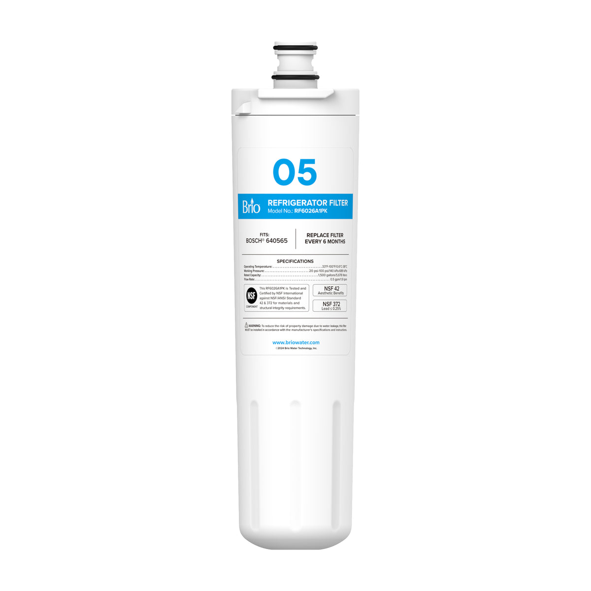 A white, cylindrical 6026A refrigerator filter with a top connector and blue/black labeling displays model, NSF certifications, and replacement info. Compatible with BOSCH 640565, AP3961137, 1257074, LNDESIT 640565.