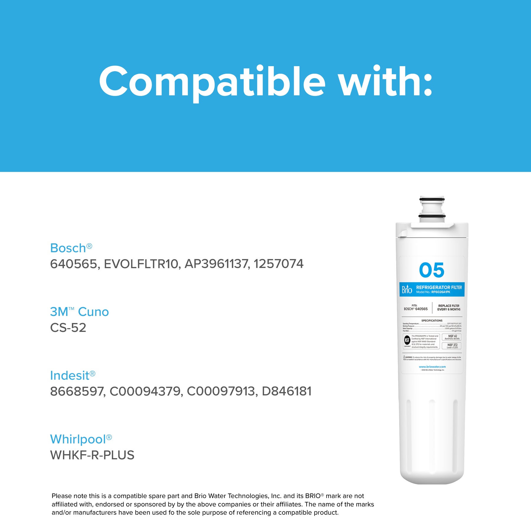 Brio 6026A Refrigerator Filter – BOSCH 640565, AP3961137, 1257074, LNDESIT 640565, AP3961137