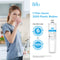 A woman drinks water in a kitchen next to a pitcher. Text reads: “Brio 6026A Refrigerator Filter saves 3200 plastic bottles—lasts 6 months or 1500 gallons.” Image of Brio refrigerator filter for BOSCH 640565, AP3961137, and more shown.