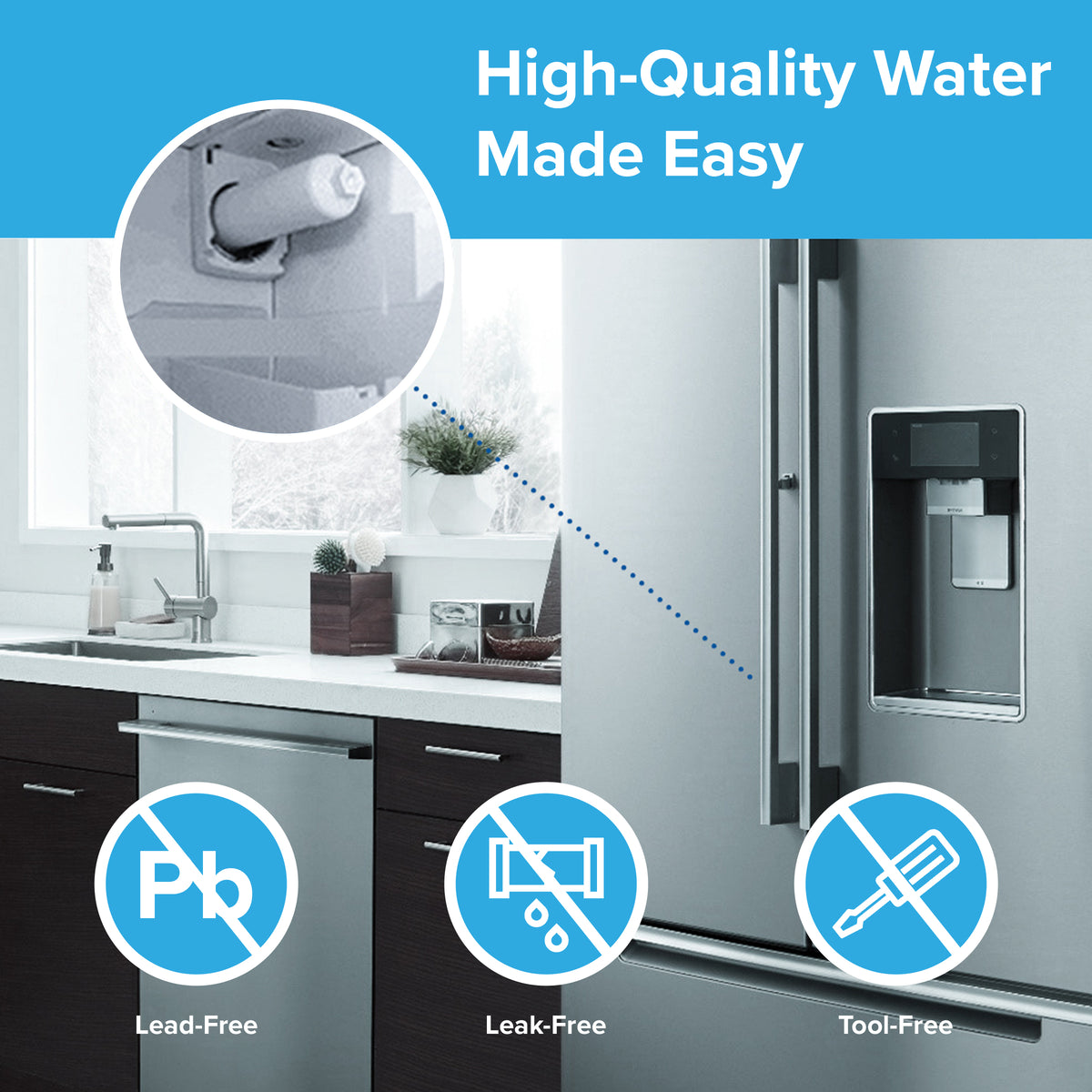 Modern kitchen with a 6026A Refrigerator Filter (BOSCH 640565, AP3961137, 1257074, LNDESIT 640565), NSF-certified for easy, high-quality, lead-free water—leak-proof and tool-free installation. Icons highlight key features.