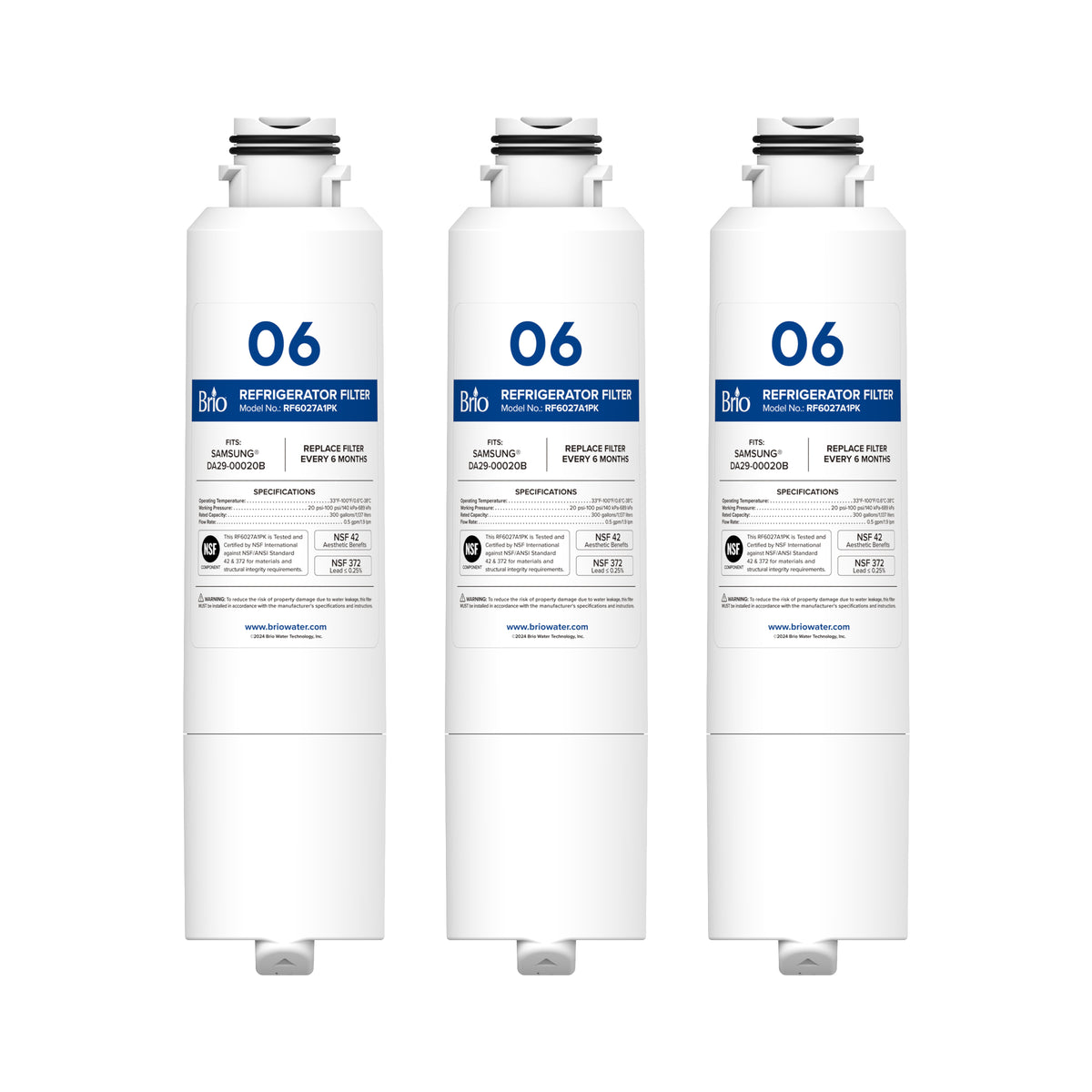 Three identical Brio 6027A refrigerator filters (3-pack), compatible with Samsung DA29-00020B and others, stand upright in a row against a plain white background. Each filter features coconut shell carbon block and NSF certification on the front label.