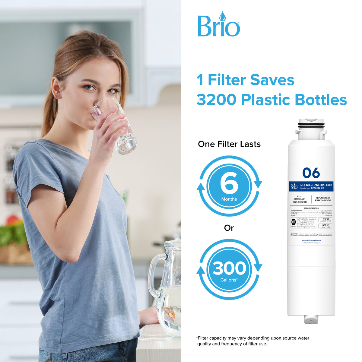 A woman drinks water in her kitchen beside Brio branding and a 6027A Refrigerator Filter (3-Pack) for Samsung. Text: 1 filter saves 3200 plastic bottles, lasts up to 6 months or 300 gallons. NSF-certified coconut shell carbon block shown.