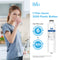 A woman drinks water in her kitchen beside Brio branding and a 6027A Refrigerator Filter (3-Pack) for Samsung. Text: 1 filter saves 3200 plastic bottles, lasts up to 6 months or 300 gallons. NSF-certified coconut shell carbon block shown.