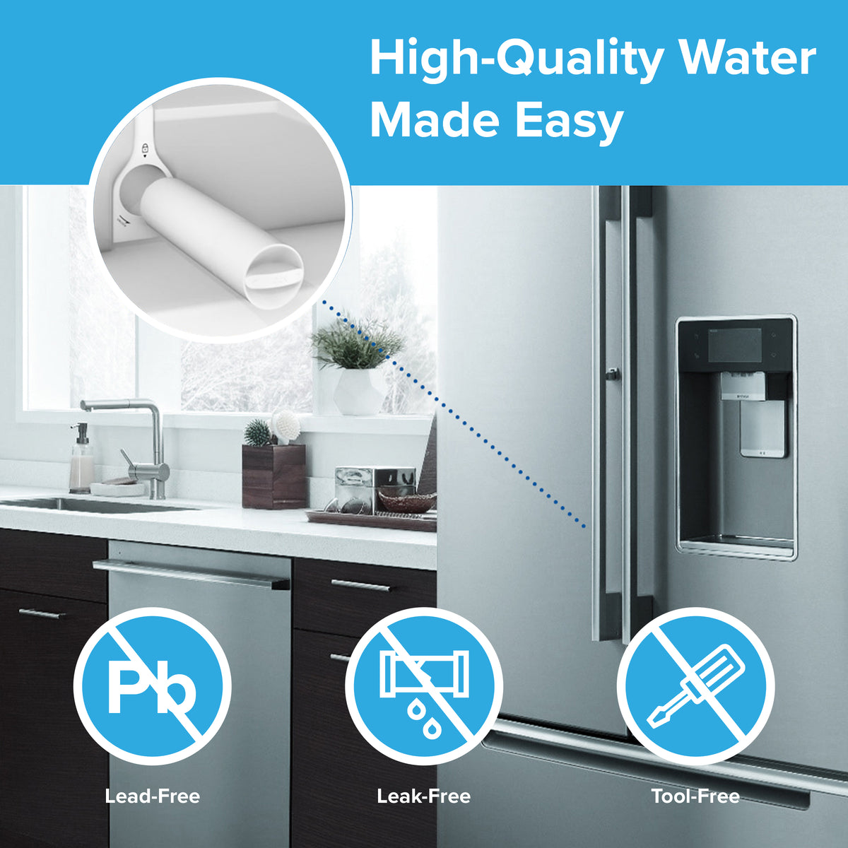 Modern kitchen with a stainless steel refrigerator featuring a water dispenser. Inset highlights NSF-certified 6027A Refrigerator Filters (3-Pack) for Samsung DA29-00020B/0D020A, made with coconut shell carbon block. Icons: Lead-Free, Leak-Free, Tool-Free.