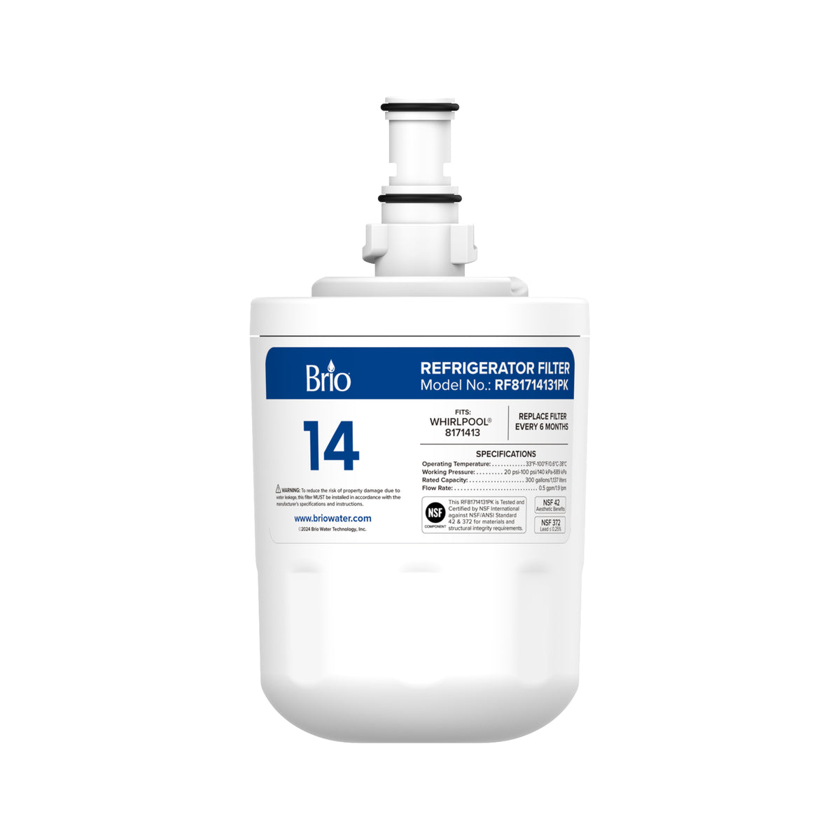 The 8171413 Refrigerator Filter, compatible with Whirlpool® 8171413 and KitchenAid® 8171788 models, is a white, cylindrical filter with a blue specs label, number 14, premium coconut shell carbon block, and top connector.