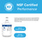 Image of the 8171413 Refrigerator Filter – Whirlpool® 8171413, KitchenAid® 8171788, with coconut shell carbon block and badges for NSF-certified performance, NSF 42 Aesthetic Benefits, NSF 372 Lead <0.25%, certification details, and NSF logo.