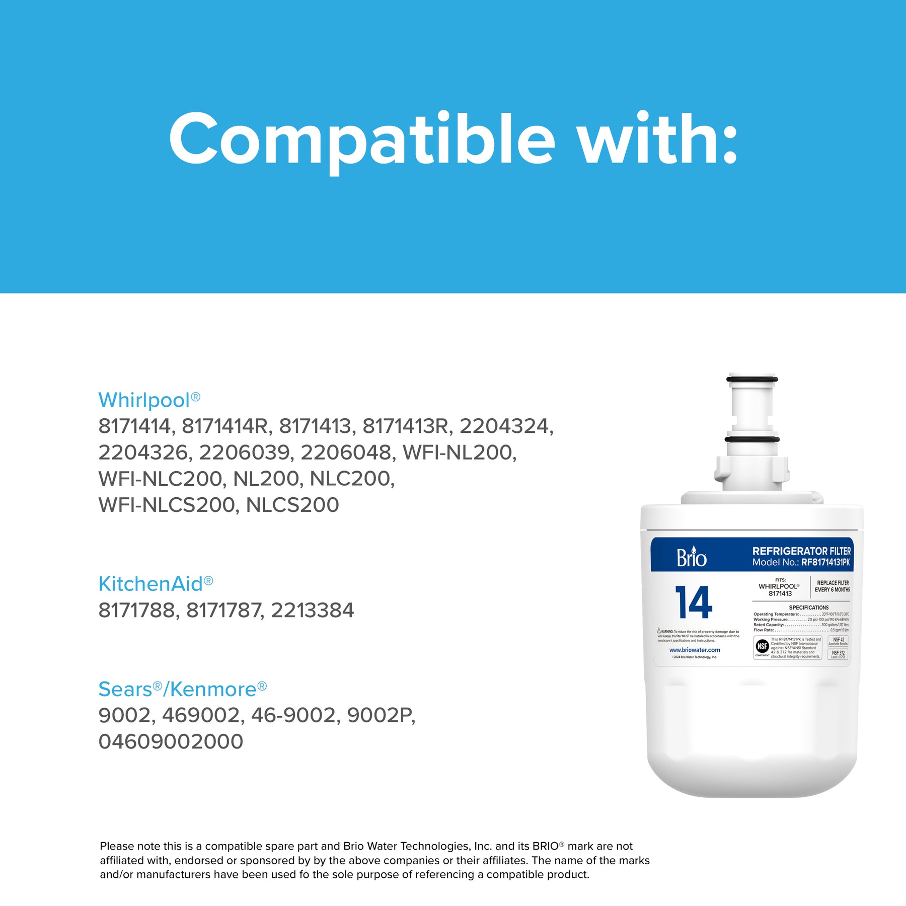 Brio 8171413 Refrigerator Filter – Whirlpool® 8171413, KitchenAid® 8171788