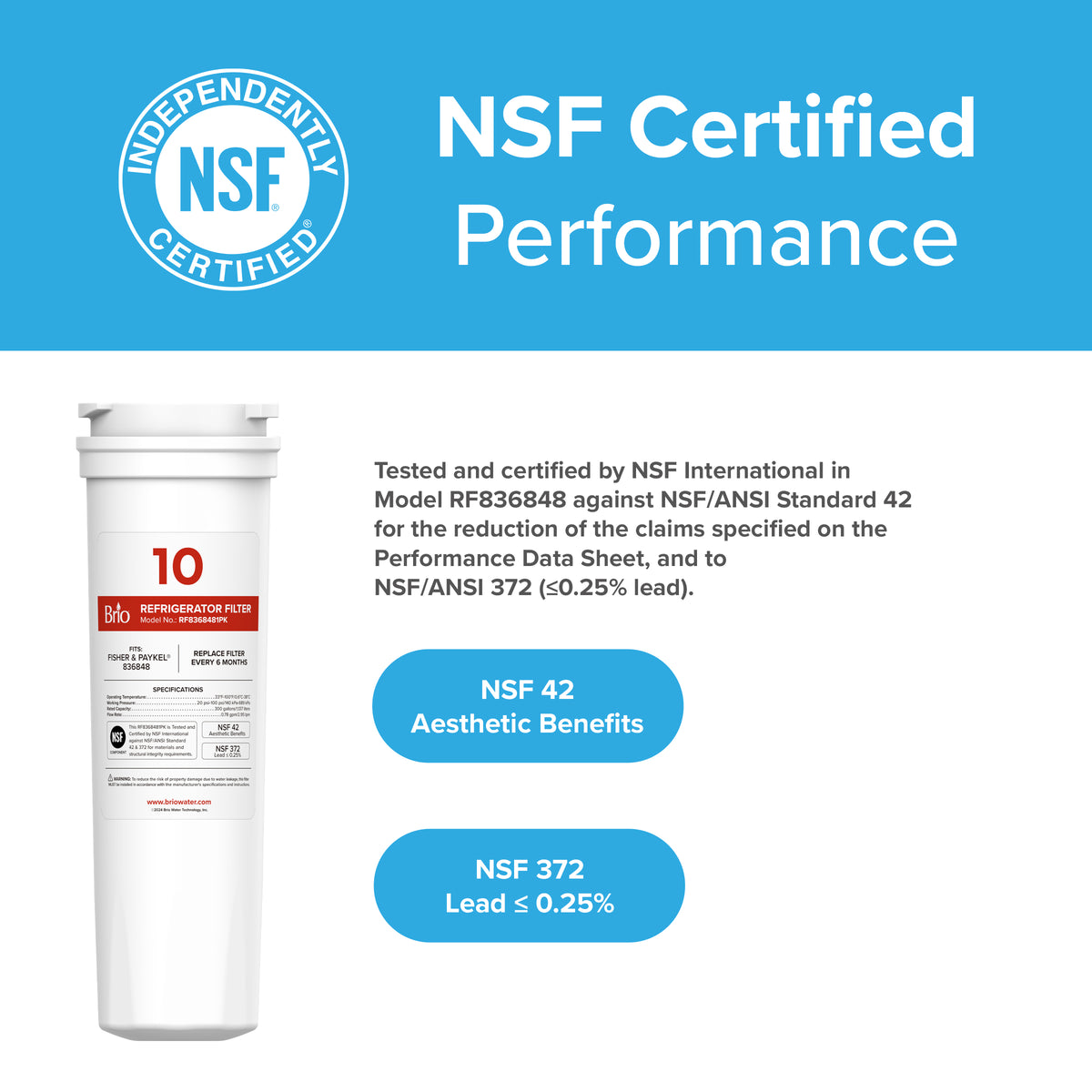 The 836848 Refrigerator Filter – Fisher & Paykel® 836848, Amana® 8171788 is NSF-certified coconut shell carbon block, tested to NSF/ANSI 42 for taste/odor and 372 for ≤0.25% lead. White filter with certification logos on blue background.
