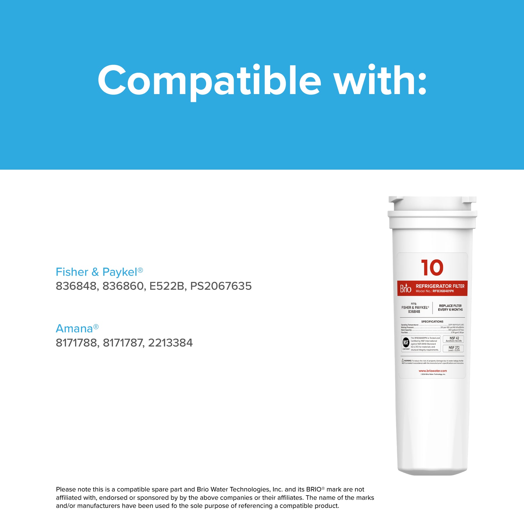 Brio 836848 Refrigerator Filter – Fisher & Paykel® 836848, Amana® 8171788