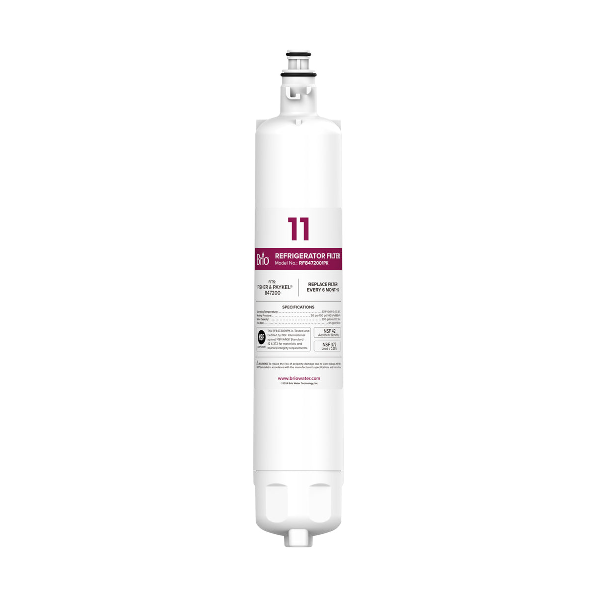A white cylindrical Fisher & Paykel 847200 refrigerator water filter cartridge, featuring printed label 11 and installation instructions, is displayed against a plain white background. This NSF-certified 847200 filter offers superior filtration with its high-quality coconut shell carbon block, ensuring fresh-tasting water.