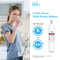 A woman drinks water in a kitchen. Next to her are details about the Brio 847200 Refrigerator Filter – Fisher & Paykel 847200: one NSF-certified filter saves 3200 plastic bottles, lasts for 6 months or filters up to 300 gallons, and features a coconut shell carbon block filter.