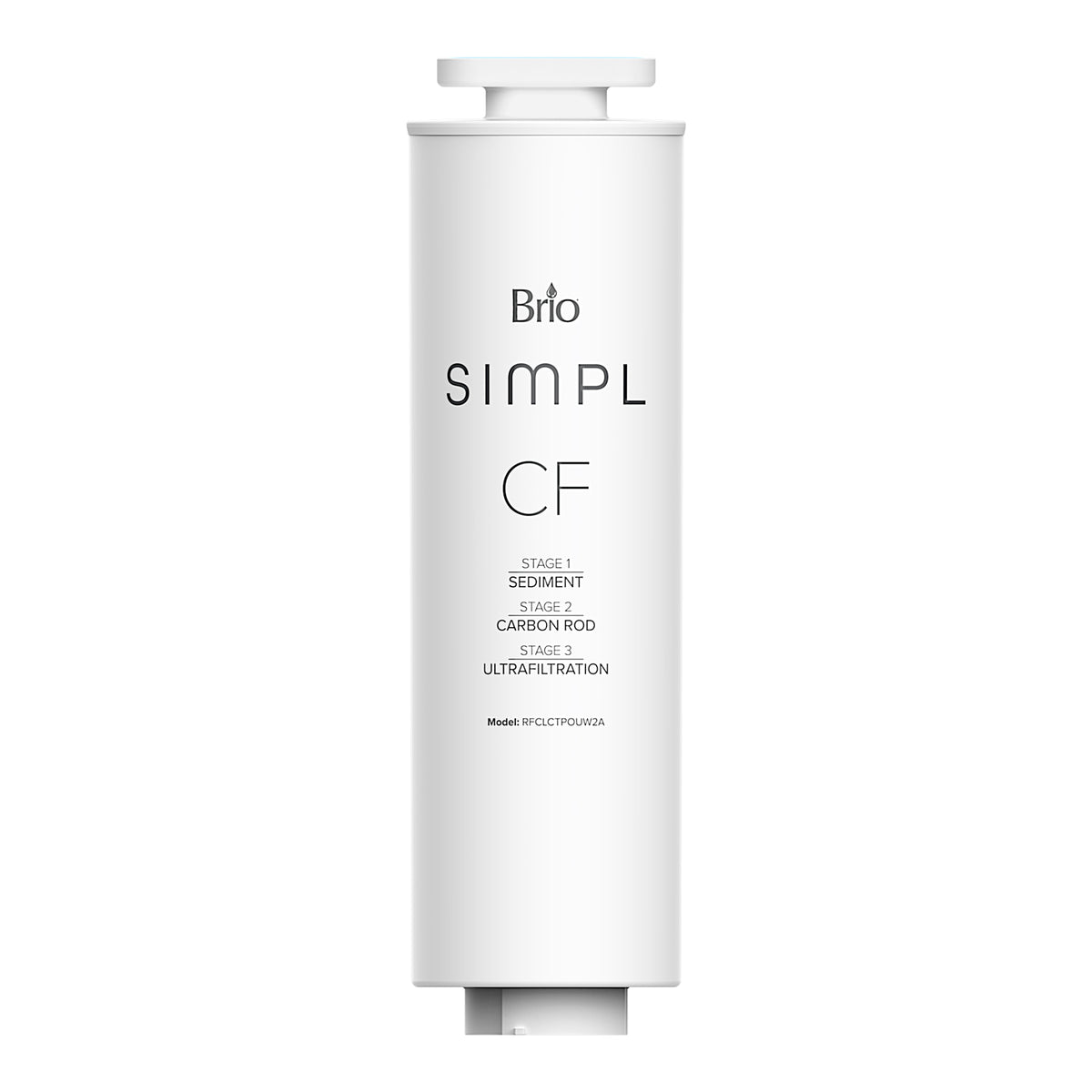 The SMPL 3-in-1 Composite Ultrafiltration Filter is a white cylindrical cartridge with a minimalist design, round top and bottom, and advanced three-stage filtration: sediment, carbon rod, and ultrafiltration.