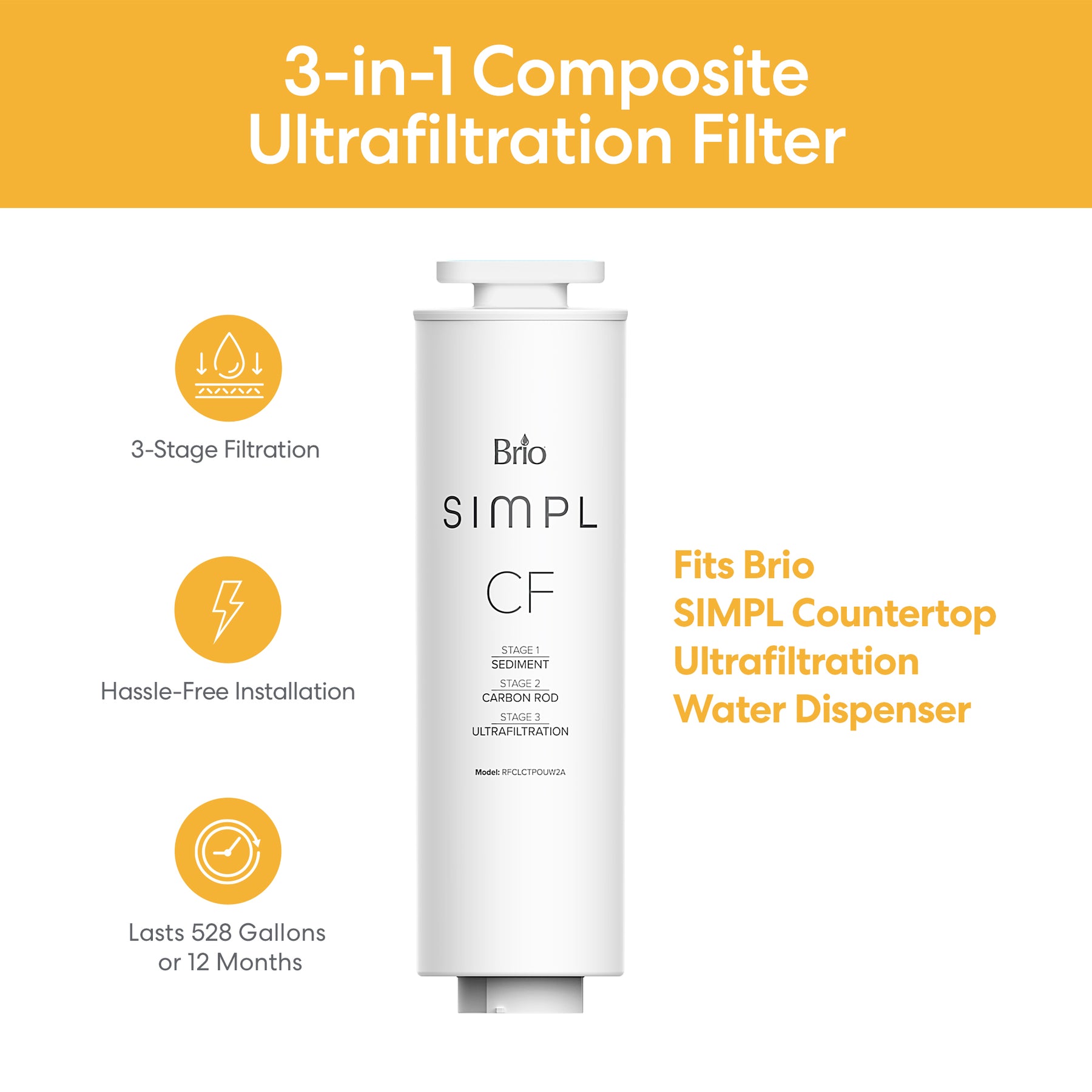 The Brio SMPL 3-in-1 Composite Ultrafiltration Filter offers advanced 3-stage filtration, easy installation, a 528-gallon or 12-month lifespan, and is compatible with Brio SMPL countertop dispensers.