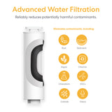 The Brio SMPL 3-in-1 Composite Ultrafiltration Filter is pictured with icons showing it removes rust, sediment, algae, chlorine, VOCs, and more. Text states: “Advanced Water Filtration.”.