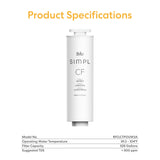 A white Brio SMPL 3-in-1 Composite Ultrafiltration Filter cartridge stands upright. Above is "Product Specifications." Below: model RFCLCTPOUW2A, temp 39.2–104°F, 528-gallon capacity, TDS < 500 ppm.