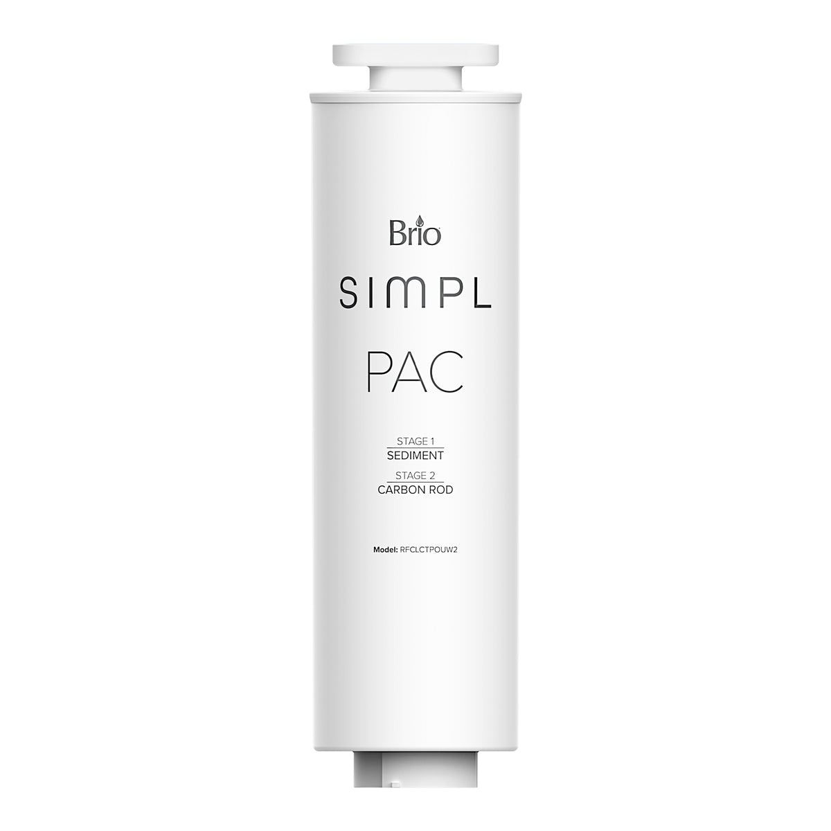 A white cylindrical SIMPL PAC 2-in-1 Composite Filter with a push-button top, labeled for stage 1 sediment and stage 2 activated carbon filtration; Model #SFC4TROUM2 is displayed on the front.