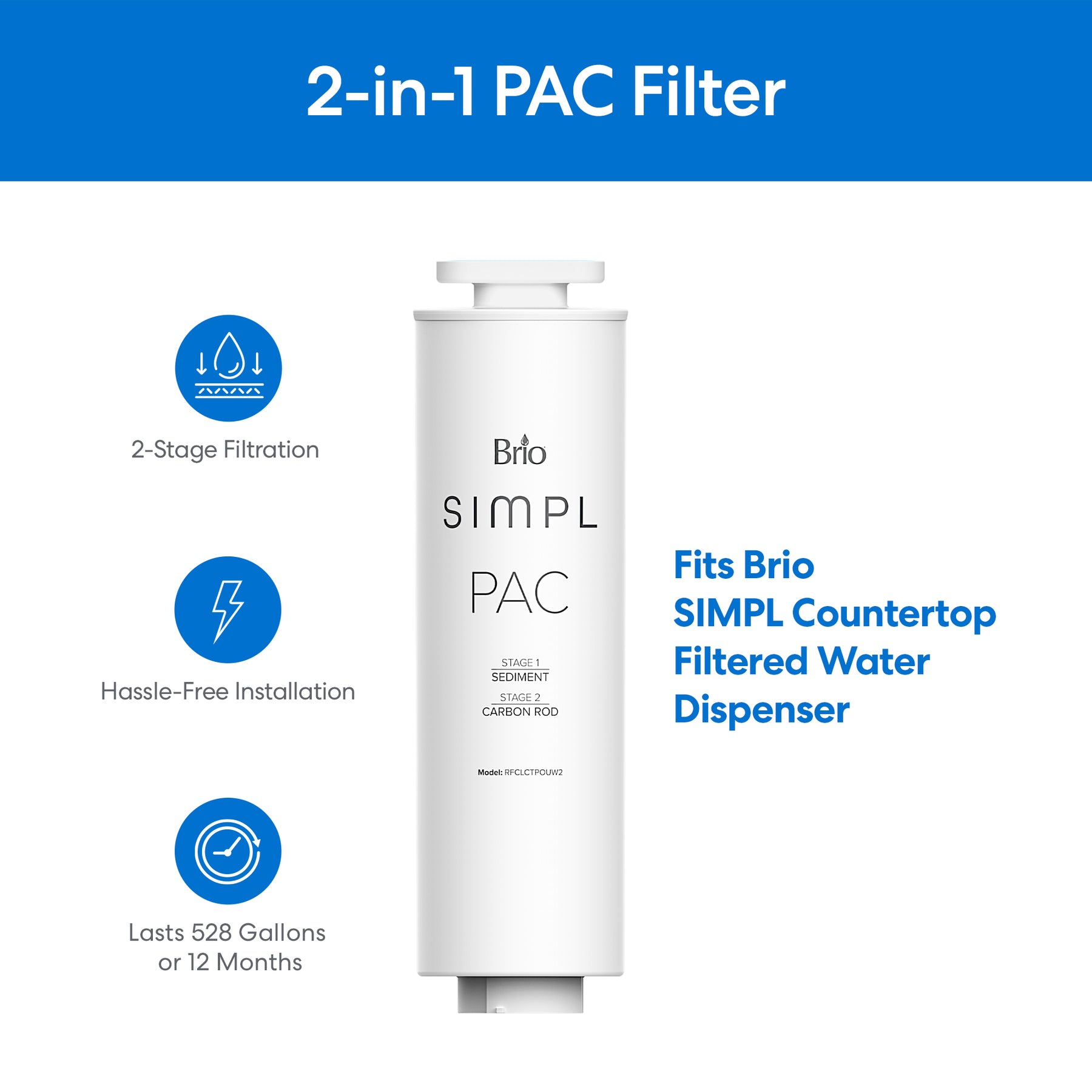 The Brio SIMPL PAC 2-in-1 Composite Filter is shown with icons highlighting its 2-stage activated carbon rod filtration, easy installation, and a 528-gallon or 12-month lifespan. Text indicates it fits the Brio SIMPL countertop dispenser.