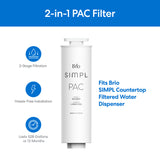 The Brio SIMPL PAC 2-in-1 Composite Filter is shown with icons highlighting its 2-stage activated carbon rod filtration, easy installation, and a 528-gallon or 12-month lifespan. Text indicates it fits the Brio SIMPL countertop dispenser.