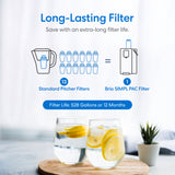 Infographic: One Brio SIMPL PAC 2-in-1 Composite Filter equals 13 standard pitcher filters, lasts up to 528 gallons or 12 months. Two glasses of lemon water are on a table, with a plant in the background.